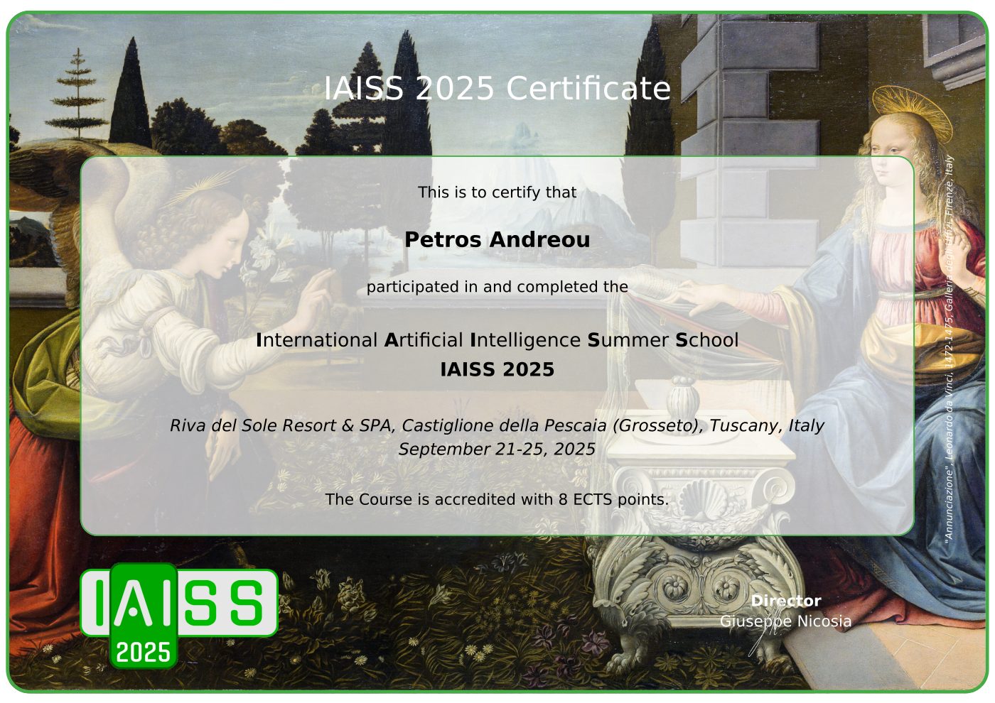 IAISS 2025 Certificate of Attendance awarded to Petros Andreou